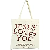 LKTEE Christian Gift For Women,Christian Tote Bag,Jesus Loves You Tote Bag, Beige Canvas Church Bag