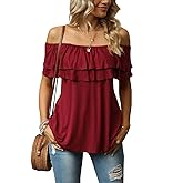 KEEDONE Women's Casual Off Shoulder Ruffle Tops Short Sleeve T Shirts Loose Summer Blouses Shirt