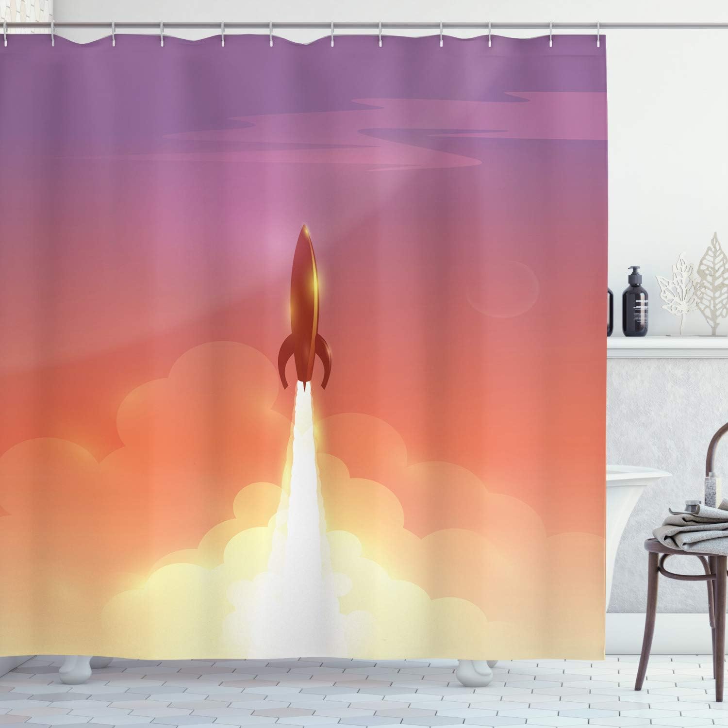 Amazon Com Ambesonne Outer Space Shower Curtain Illustration Of Retro Rocket Flying To Sky Technology And Galaxy Theme Cloth Fabric Bathroom Decor Set With Hooks 75 Long Salmon Purple Home Kitchen