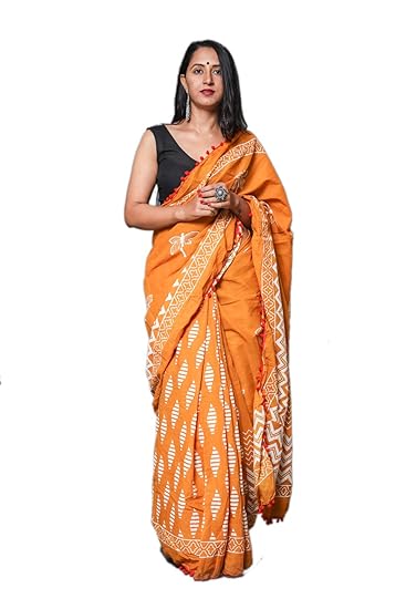 Womens Hand Block Cotton Mulmul Jaipuri Print Saree with Blouse (CT-MUL-PCN-88, Orange)