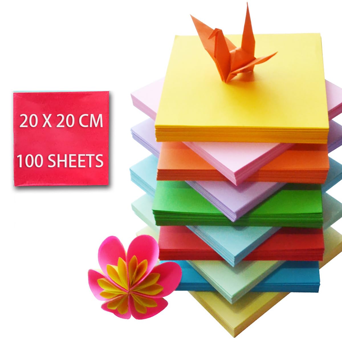 GIEEU 100 Sheets of Origami Paper, 20 x 20 cm, 70 Grams, for Beginners, Teenagers, Adults, handicrafts, 10 Colours, Squares.