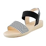 HLHN Women Sandals, Stripe Ankle Strap Flat Heel Open-Toe Round Toe Shoes Fashion Casual Beach Lady