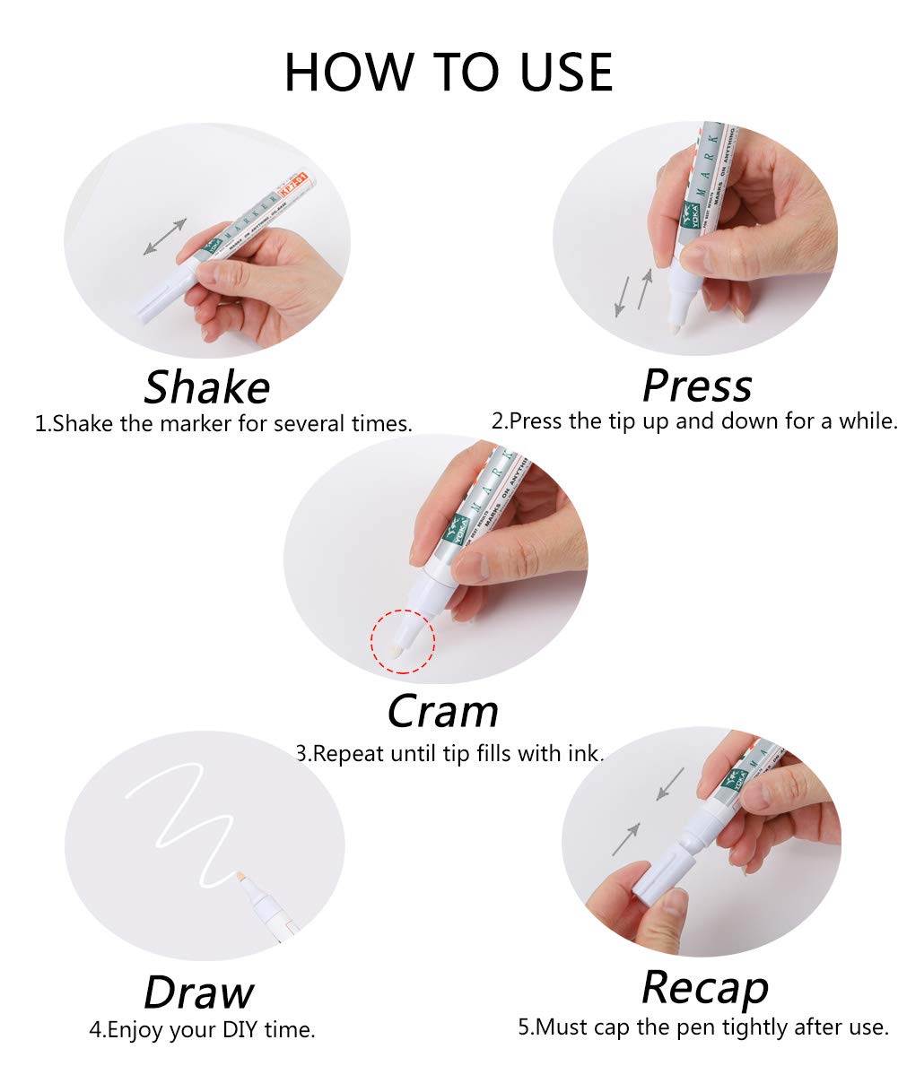 Paint Pens for Rock Painting-Stone, Ceramic, Metal, Glass, Wood, Fabric, Set of 6 Medium Tip Acrylic Paint Markers High Volume Ink Water and Fade Resistant for DIY Craft Projects Quick Drying(White)