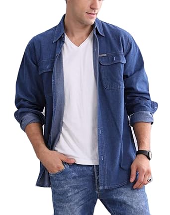 Amazon Piiteメンズ 秋 長袖 シャツ 無地 シンプル ゆったり デニム