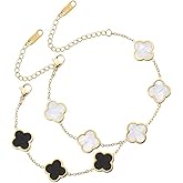 zofanvo Four Leaf Clover Bracelets 18K Gold Plated Lucky Bracelet for Women Flower Leaf Link Lucky Bracelet Trendy Jewelry Gifts/Birthday Gifts for Women-2Pcs White/Black