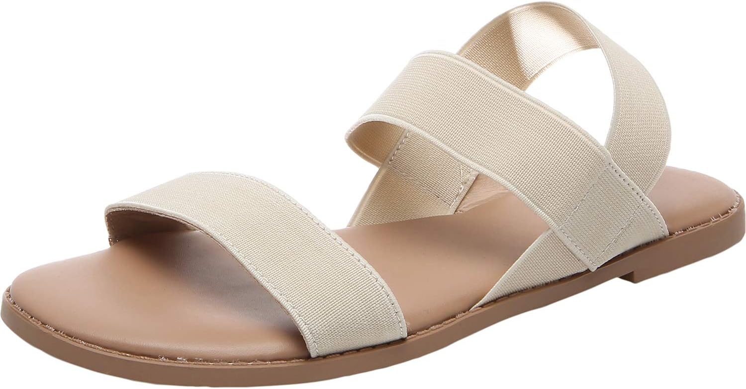 Women's Wide Width Flat Sandals - Open Toe Elastic Ankle Strap Casual Summer Shoes.