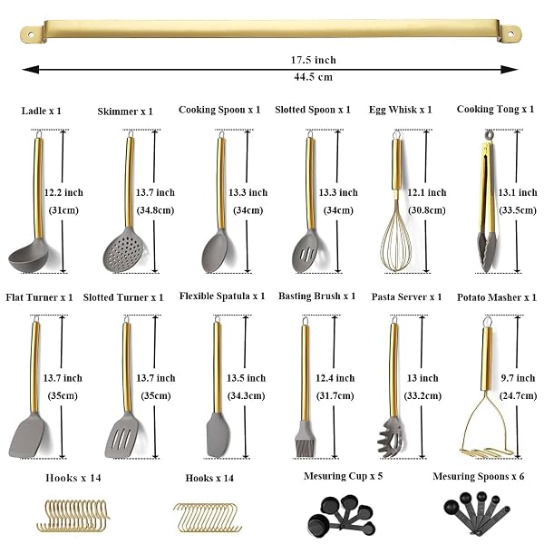 GOLD KITCHEN UTENSILS SET, KYRATON 38 PIECE SILICONE KITCHEN COOKING UTENSILS SET WITH UTENSIL RACK, SPOON SPATULA SET, NON-STICK KITCHEN GADGETS, DISHWASHER SAFE