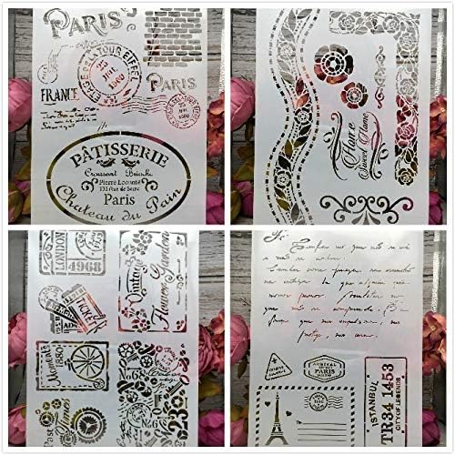 Stencils 4Pcs/Lot A4 Paris Stamps DIY Layering Stencils Wall Painting Scrapbook Coloring Embossing Album Decorative Paper Card Template
