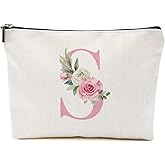 Pink Monogram Makeup Bag, Initial S, Cosmetic Bag Personalized Travel Organizer Bags Makeup Pouch, Monogrammed Gifts for Women Girls Friend Sisters Employee Bridesmaid Wedding Bridal Shower Gifts