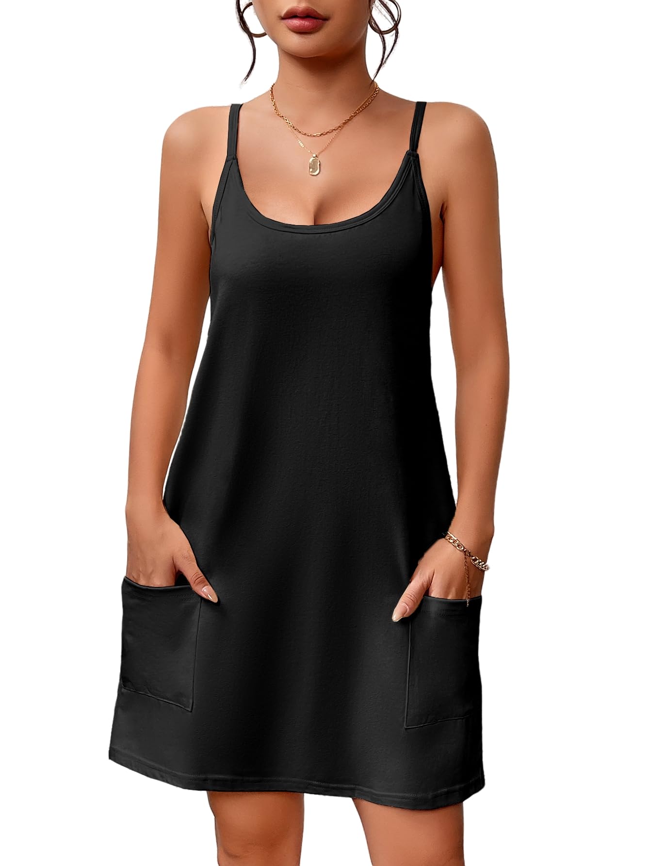 Ekouaer Nighty for Women Sleeveless Nightgown Patch Pockets Night Dress Full Silp Pajama Dress Lounge Dress with Pockets Black,S