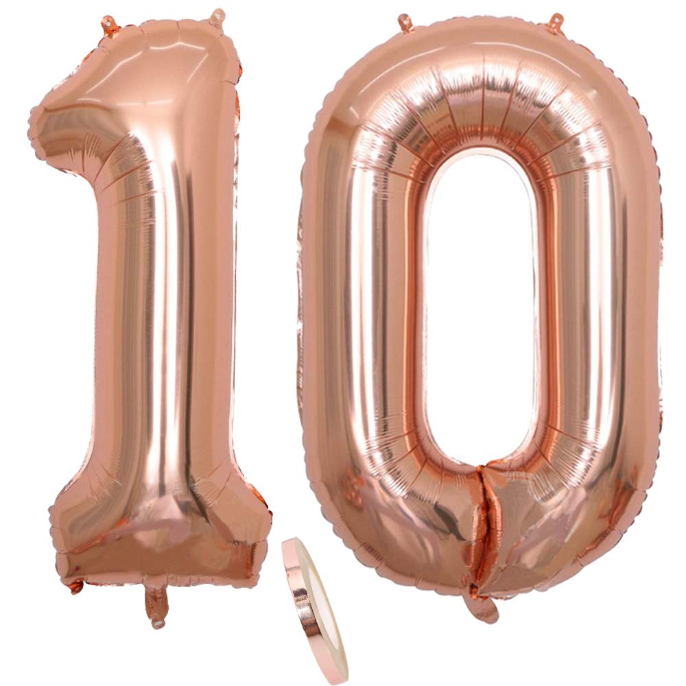 2 Balloons Number 10, Number 10 Balloon Rose Gold Girl 40" Inflatable Helium Foil Balloon Rose Gold Balloons Figures Giant Balloon for Birthday Party Decoration Prom (XXL 100 cm)