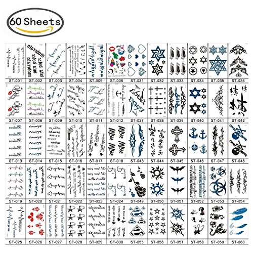 60 Sheets Temporary Tattoo Stickers Various Designs Removable Waterproof Temporary Tattoos Body Art Sticker Sheet Paper ( Wings, Letters, Stars, Queen, Cats, Totem, Cardiogram hot Etc. )