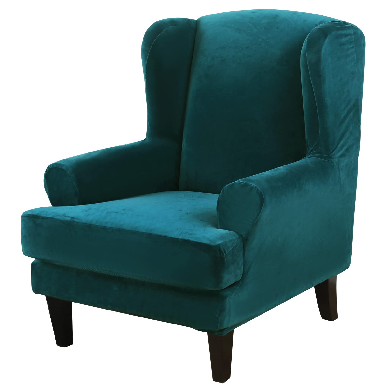 ele ELEOPTION Wingback Chair Cover 2 Piece Set - 2 IN 1 Design Removable High Stretch Soft Velvet Wing Back Chair Covers Armchair Slipcover Protector for Living Room Bedroom Hotel (Teal, Velvet)
