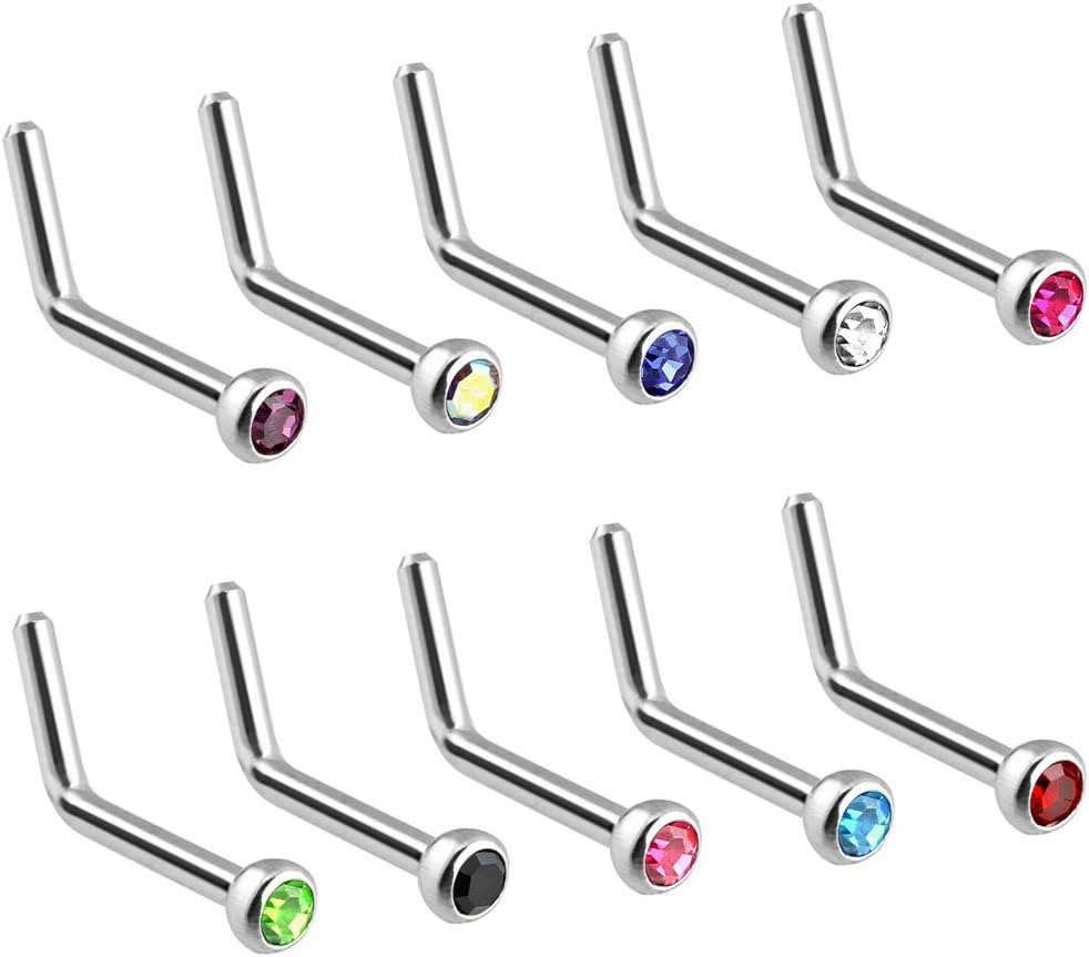 (2 pieces) 22g (0.6mm) "L" bend Nose Stud Ring Press Fit (2mm) CZ Gem (316L) Surgical Steel