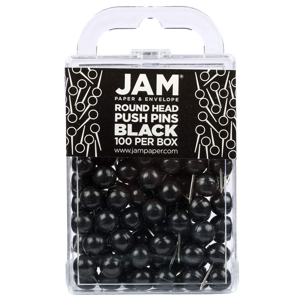 JAM PAPER Colourful Push Pins - Round Head Map Thumb Tacks - Black Pushpins - 100/Pack