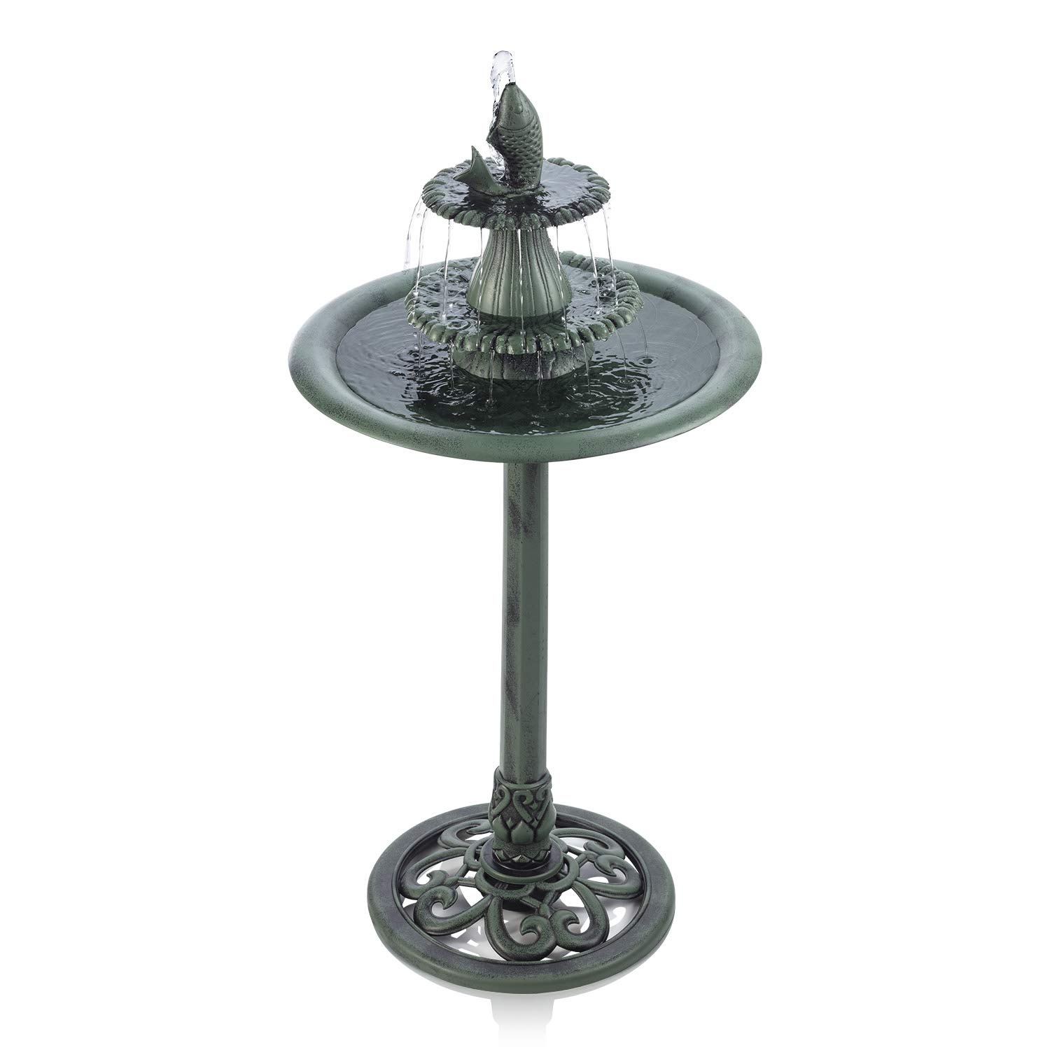 Alpine Corporation 3-Tiered Pedestal Water Bird Bath with Fish Design Floor Fountain, 40-Inch Tall, Green