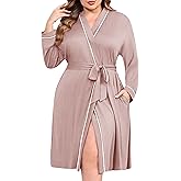 Ekouaer Plus Size Robes for Women Lightweight Bathrobe V Neck Kimono Loungewear Soft Maternity Robes with Pockets 1X-5X