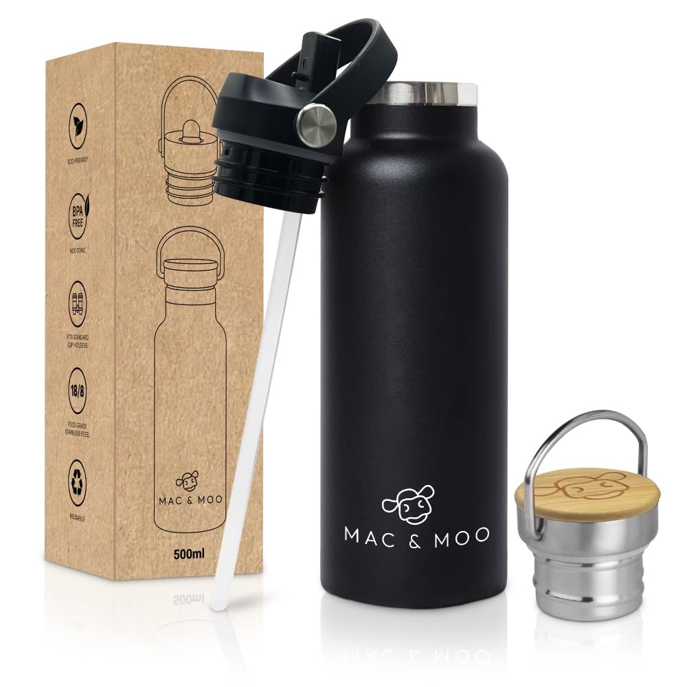 Mac & Moo Insulated Sports Water Bottle, 500ml Triple-Insulated Stainless Steel Water Bottle BPA-Free, Cold and Hot Features - Reusable, Sustainable, Ideal for Hiking Biking - Black