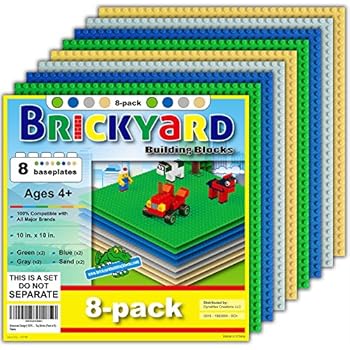 [Improved Design] 8 Baseplates, 10 x 10 Large Thick Base Plates for Building Bricks by Brickyard, for Play Table or Displaying Compatible Construction Toys (2 Green, 2 Blue, 2 Gray, 2 Sand - 8-Pack)