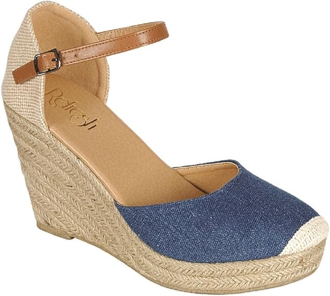 Amazon.com | Refresh Sandra-01 Mary Jane Espadrille Wedge Platform Cap Toe Denim Sandal Shoes 