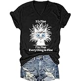Nebere Womens I'm Fine Everything is Fine V Neck T-Shirts Short Sleeve Funny Shirt Casual Cute Cat Graphic Tee Tops