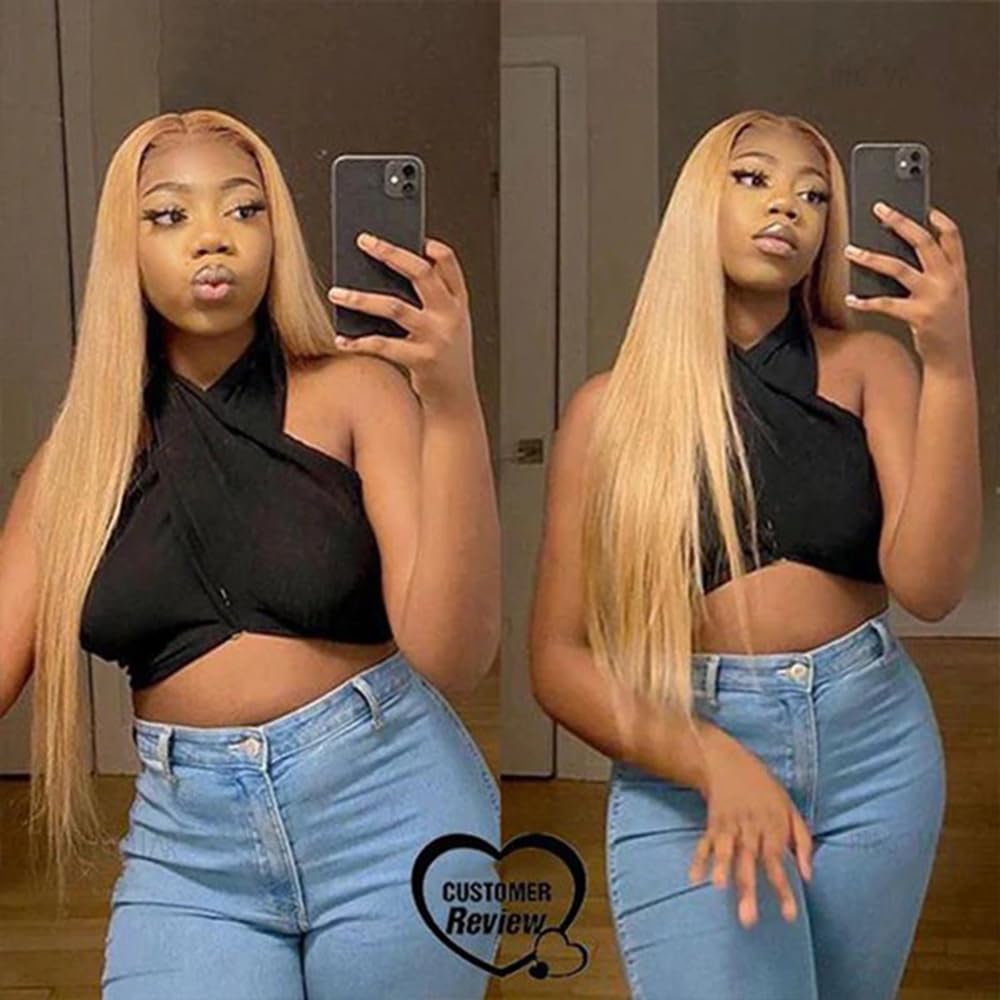 Photo 1 of Honey Blonde Lace Front Wig Human Hair 4X4 Transparent Lace Wigs with Baby Hair Pre Plucked 180% Density Honey Blonde Wigs For Black Women 22 Inch Strawberry Blonde Wig