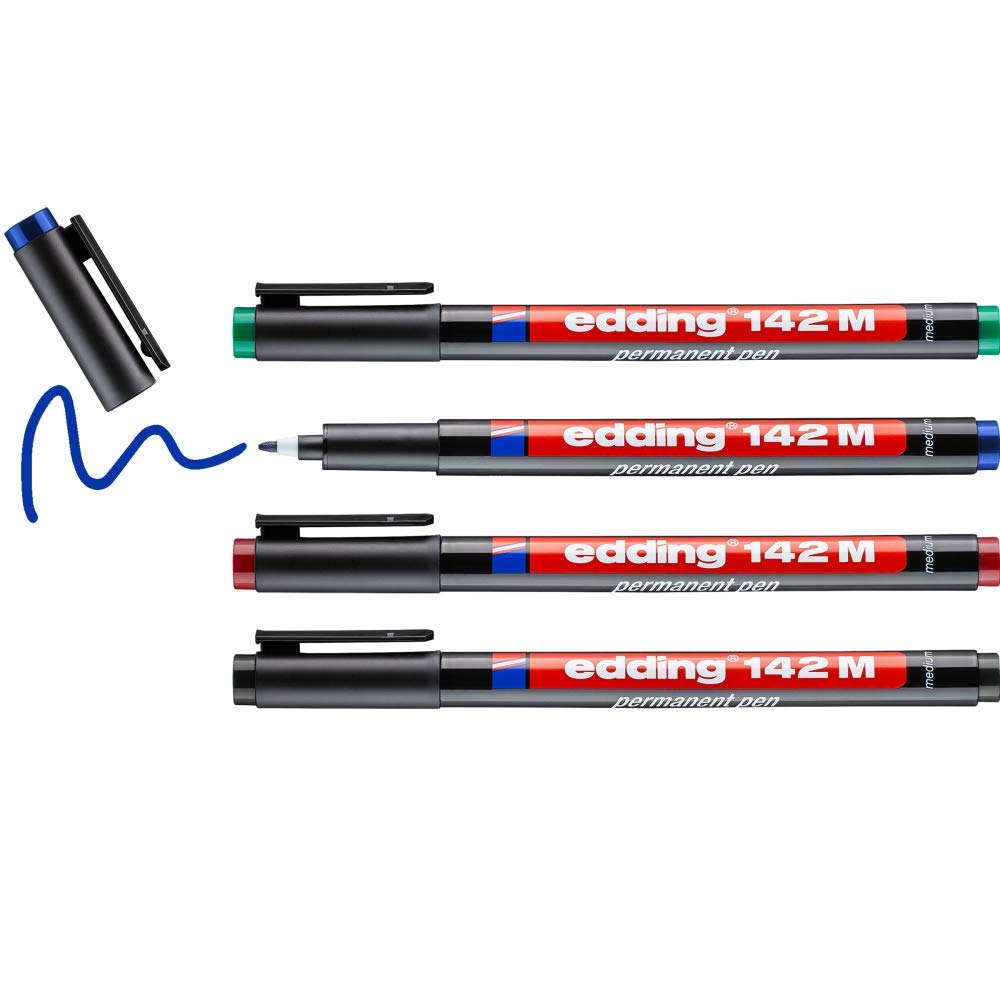 edding 142 M permanent pen - set of 4 - multi-coloured - round nib 1 mm - pen for writing on glass, plastic, foils and smooth surfaces - permanent, quick-drying, smudge-proof and waterproof