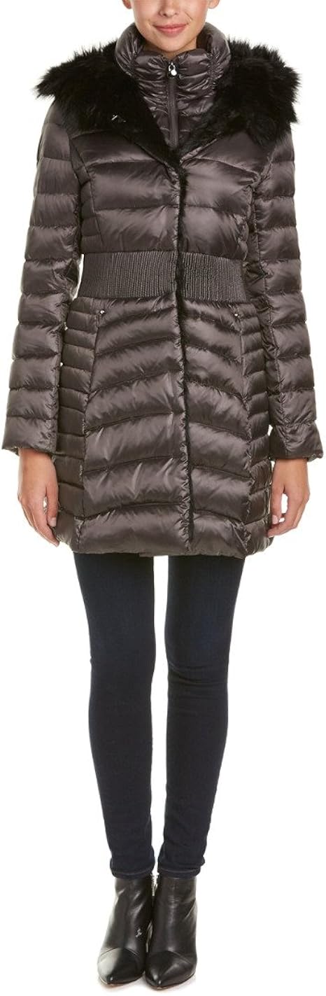 Amazon.com: Laundry Women's Cinch-Waist Down Coat with Faux-Fur Trim, Charcoal, X-Small: Clothing