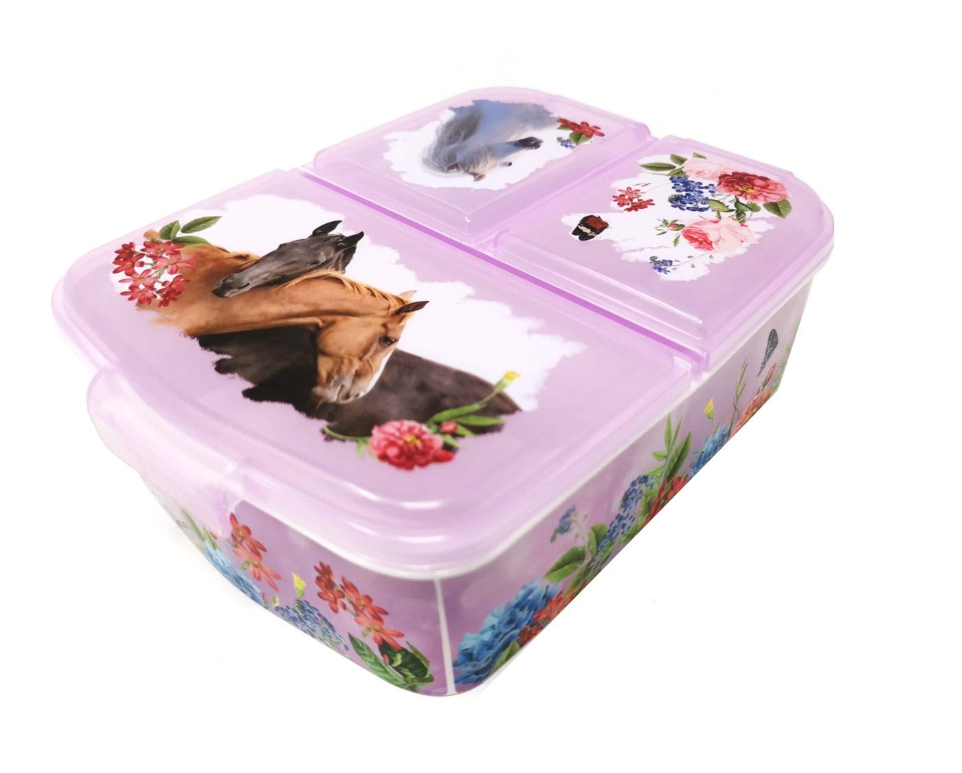 Theonoi Children's Lunchbox, Sandwich Box with Compartments and Dividers, Nursery Lunchbox Made of BPA-Free Plastic - Horses