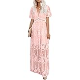 amropi Womens Deep V Neck Short Sleeve Floral Lace Dress Long Bridesmaid Maxi Dresses