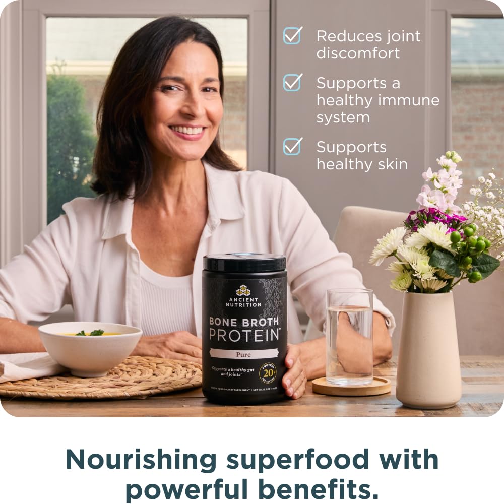 Ancient Nutrition Grass Fed & Cage Free Bone Broth Protein Powder, 20g Protein Per Serving, Hydrolyzed Collagen Peptides, Glucosamine, Chondroitin, Supports Joint & Gut Health, Pure, 20 Servings
