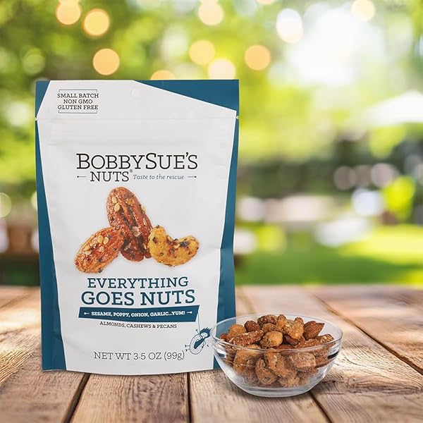 BOBBYSUE’S NUTS EVERYTHING GOES NUTS STYLE, ALL-NATURAL GOURMET SAVORY NUT MIX OF ALMONDS, CASHEWS, PECANS, 3.5 OUNCE