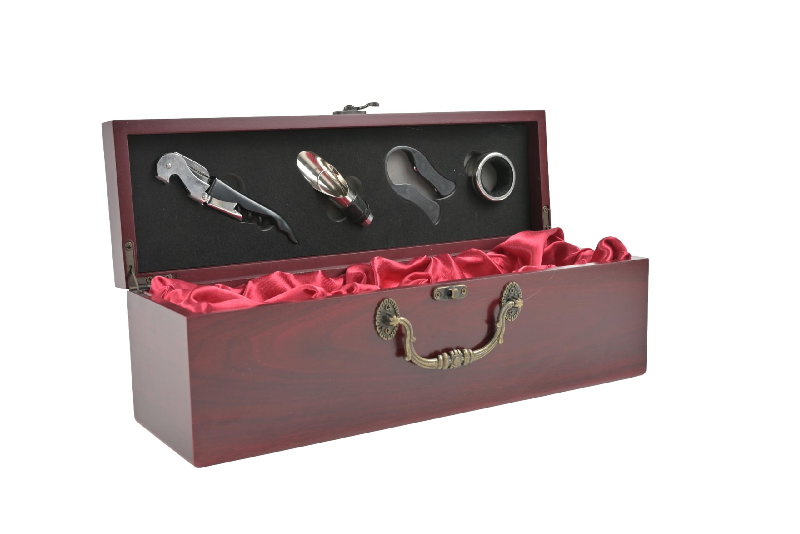 ASC Wine Presentation Box, Detailed Ornate Metal Handle and Clasp, Case with Accessories, Velvet Lined, Wine Gift Box