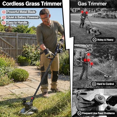 SMILOVII 21V Cordless Weed Wacker Lawn Edger, 4.6lbs Lightweight Battery Powered String Trimmer, 4-in-1 Brush Cutter with Metal Blades, Wire Brush & Guide Wheel for Garden Edging (2 Batteries, 2.0Ah)