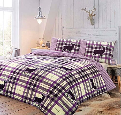 MASS INTERNATIONAL Beautiful Hotel Quality Polycotton Reversible Duvet Quilt Cover With Pillow Cases Bedding Set Stag Check Purple (Superking)