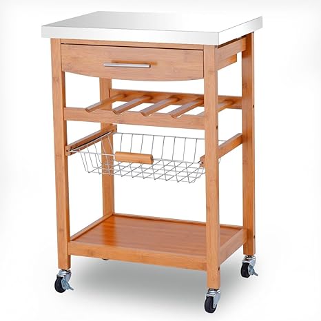MRT SUPPLY - Carrito de Cocina de bambú con Tapa de Acero Inoxidable y