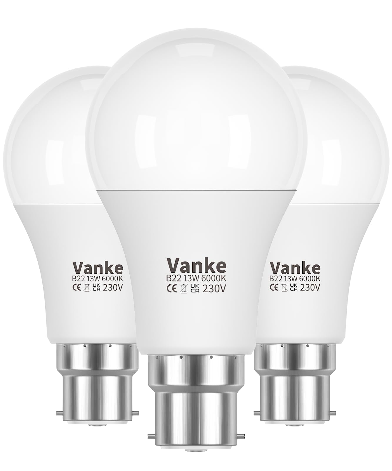 Vanke Bayonet Light Bulb, 13w (100w Equivalent), 6000K Cool White, B22 LED Bulbs, Non-Dimmable, 1200 Lumen, Pack of 3