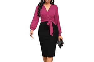 Runwind Women's Work Bodycon Pencil Dress Long Sleeve with V-Neckline Design and Belt
