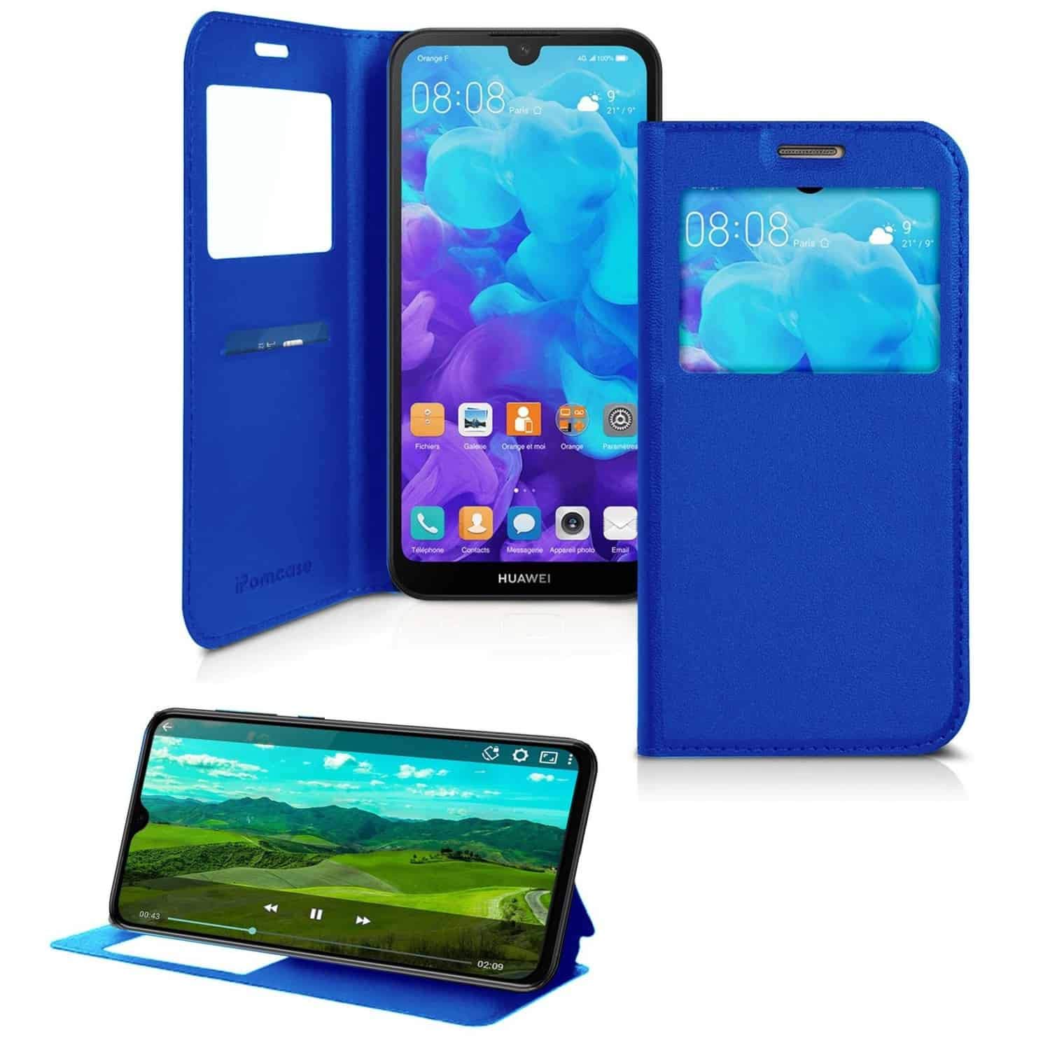 iPOMCASE Coque Protection Porte Carte pour Huawei Y5 2019, Bleu