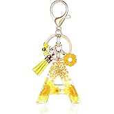 MWOOT Initial Letter Keychain Resin Alphabet Keyrings,Yellow Petals Gold Foil Key Ring Key Chain Charm