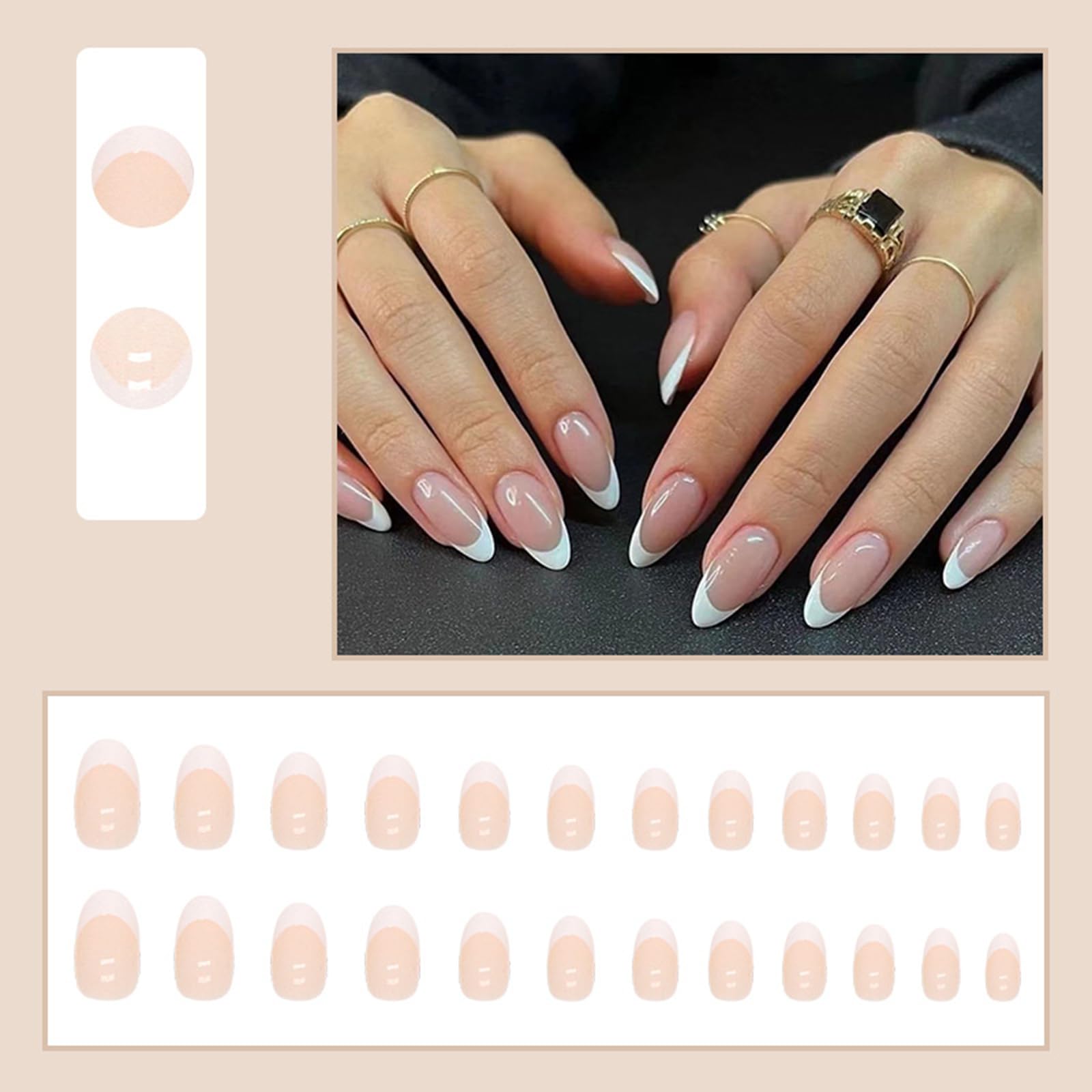24Pcs French Tip Press On Nails, Medium Almond Tips Acrylic Full Cover White Glossy Nude Reusable Glue On Nails for Women Girls - Image 2
