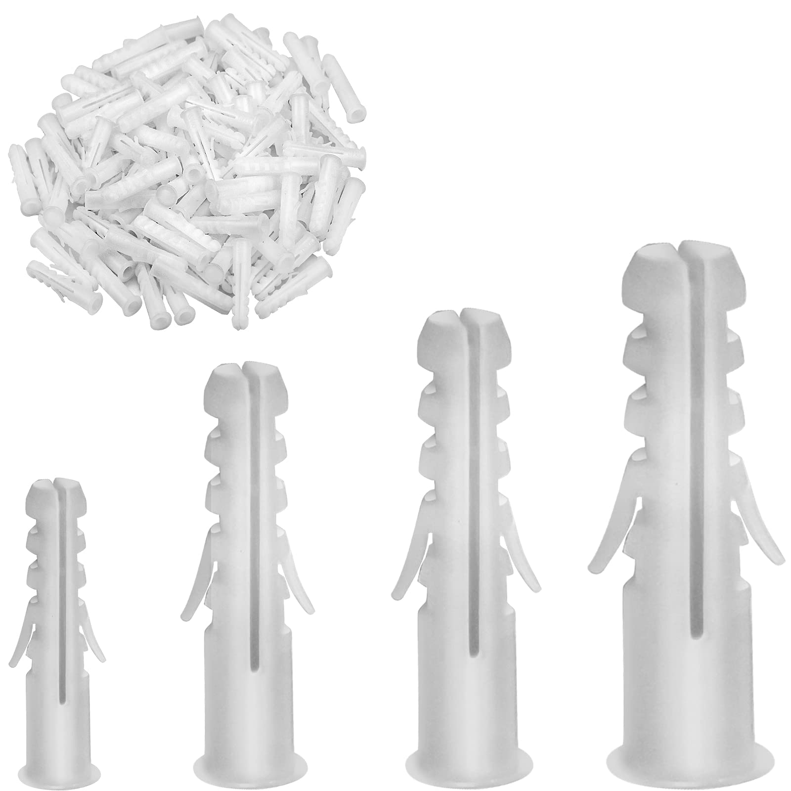BOFUS 300 Pieces Wall Plugs,Extension Screws Fastener Kits，Assorted Universal Extension Screws Fastener Kits,Heavy Duty Anti-Rotational Fixing Masonry Expansion Wall Anchors，Plastic in White