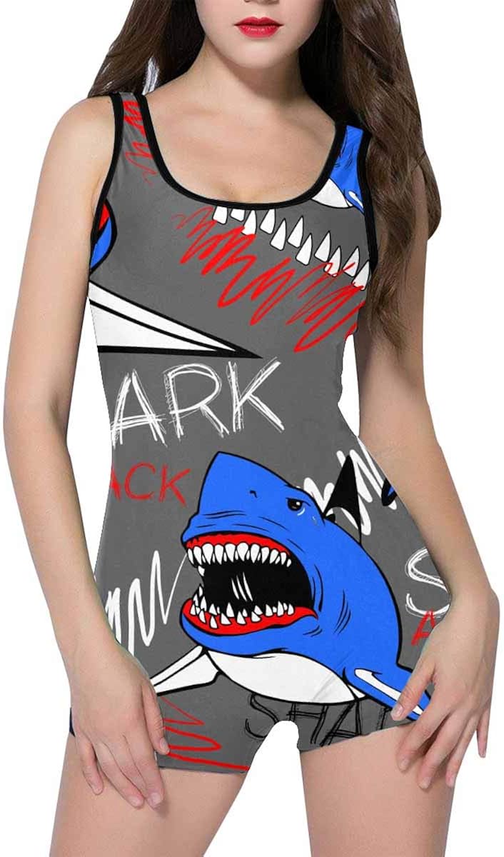 INTERESTPRINT Women's Bathing Suit Tank Top Boyleg One Piece Swimsuit Angry Sharks