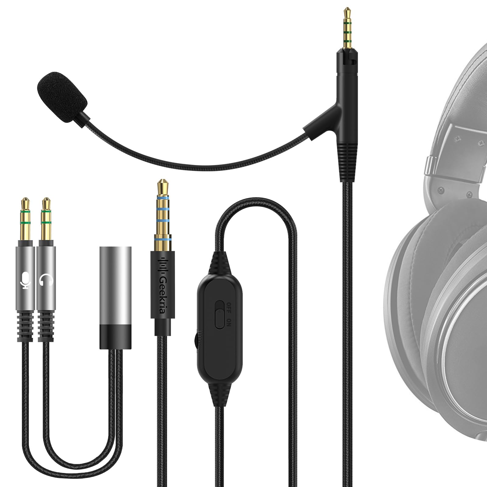 GEEKRIA Boom Mic Cable Compatible with Sennheiser HD 620S/599/598/505, 2.5mm Jack Nylon Braided Replacement Cord with Boom Microphone and Volume/Mute Control for Gaming & Meeting (5.6ft)