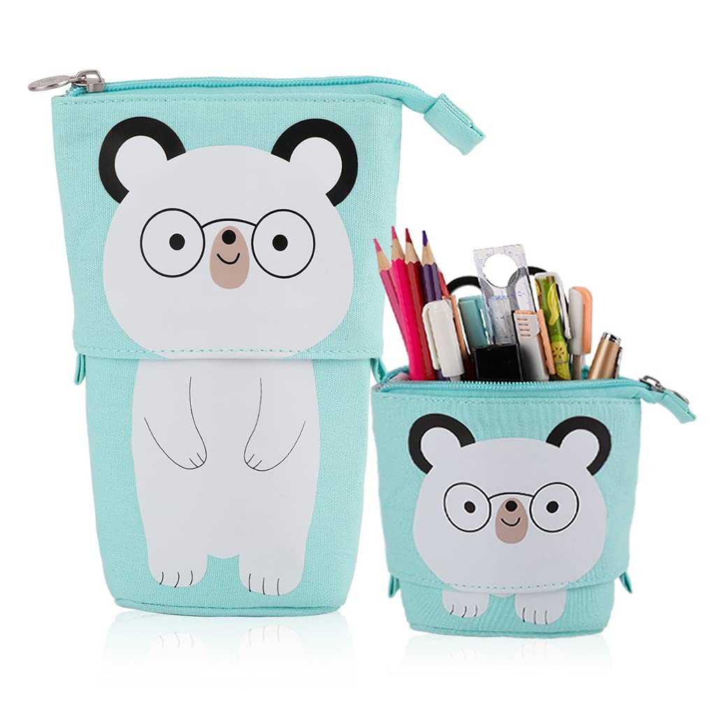 iSuperb Transformer Pencil Case Telescopic Cute Pencil Holder Simple Design Stand Zipper Pencil Pouch Bag Girls Stationery Bag Office Desk Organizer (Glasses Bear)