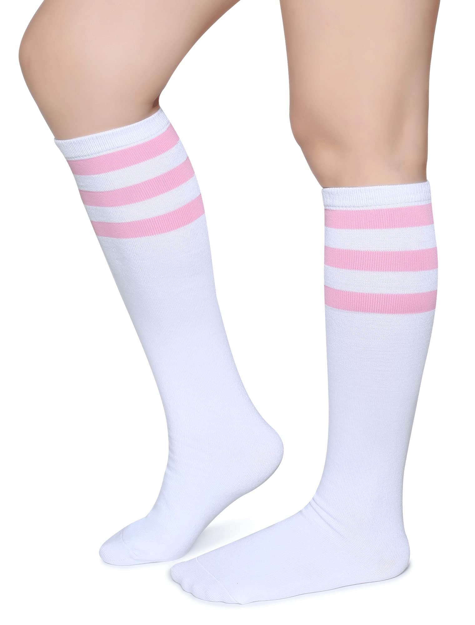 Photo 1 of Pareberry Triple Stripes Soft Cotton Knee High Tube Socks for Men and Women (Pink/White)