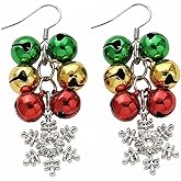 Christmas Snowflake Colorful Jingle Bell Hook Hoop Dangle Drop Earrings for Women CZ Crystal Flower Tinkle Bells Xmas Festive Cute Ornament Dangling Huggie Hoops Earring Fashion Winter Holiday Jewelry