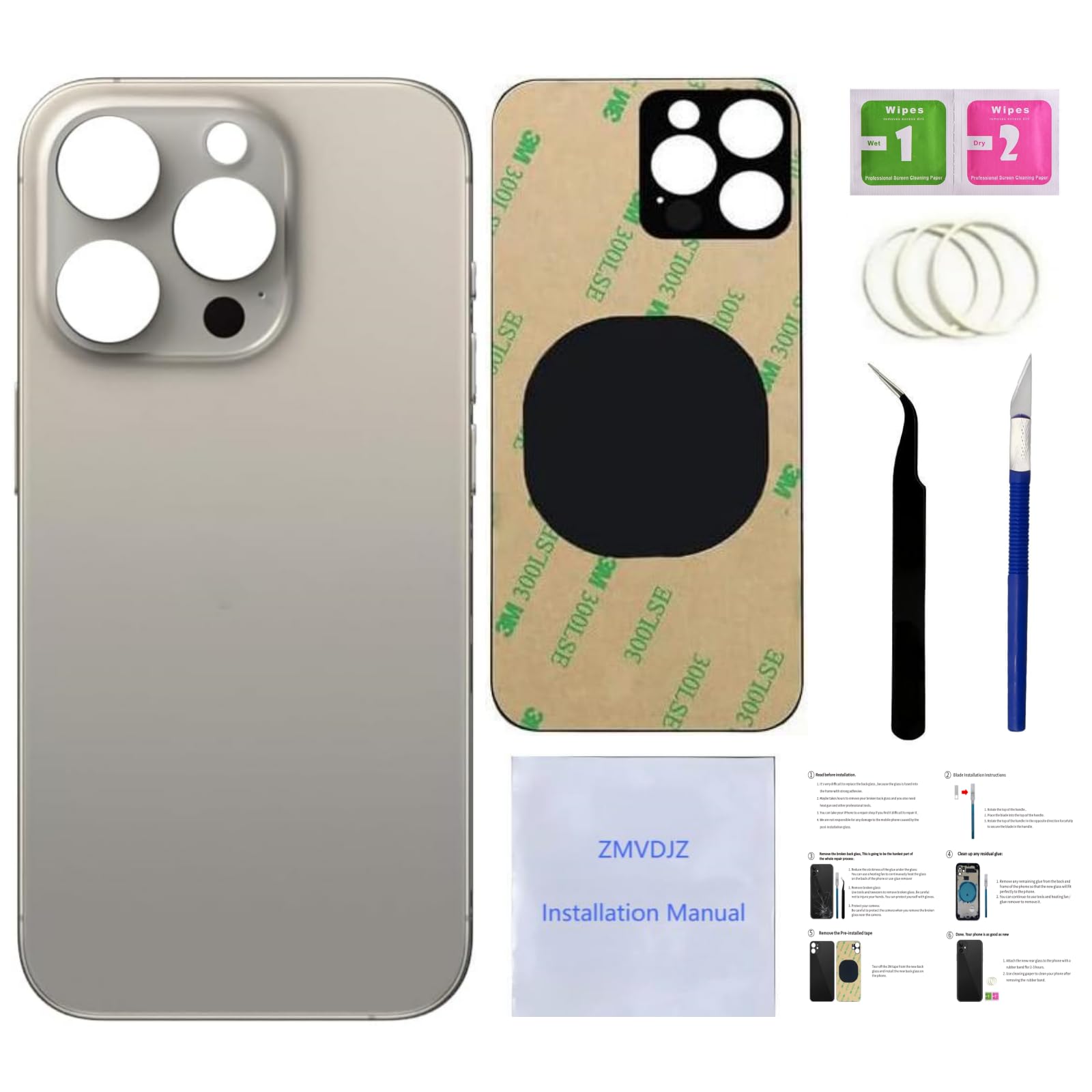 Photo 1 of 15 Pro Back Glass Replacement for iPhone 15 Pro Back Cover Glass (Natural Titanium, 6.1 Inches) with Pre-Installed Tape +Installation Instruction + Repair Tools (Natural Titanium)