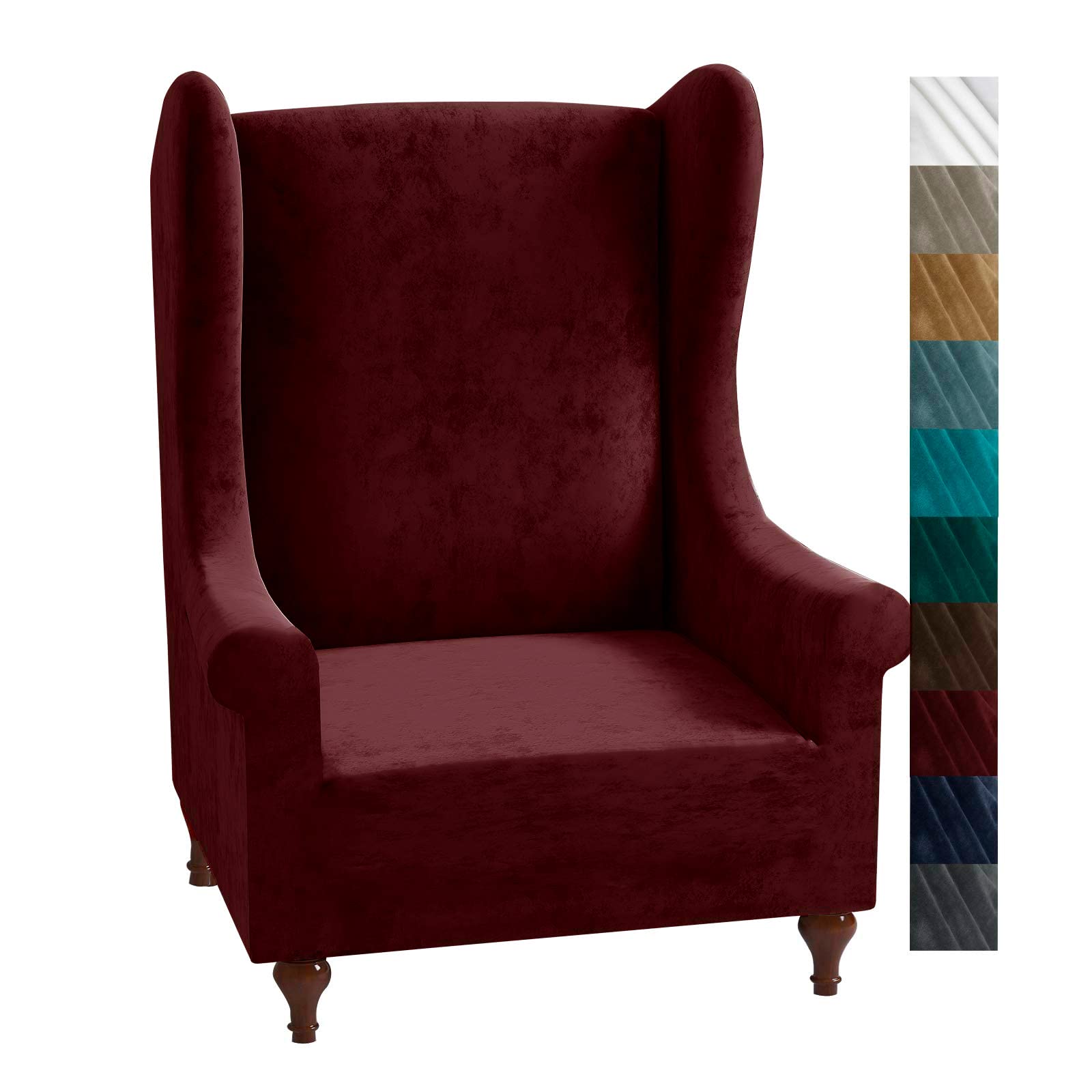 XINEAGE 1 Piece Velvet Wingback Chair Slipcover Stretch Wing Chair Cover Non Slip Furniture Protector with Foam Rods for Living Room (Wingback Chair, Wine Red)