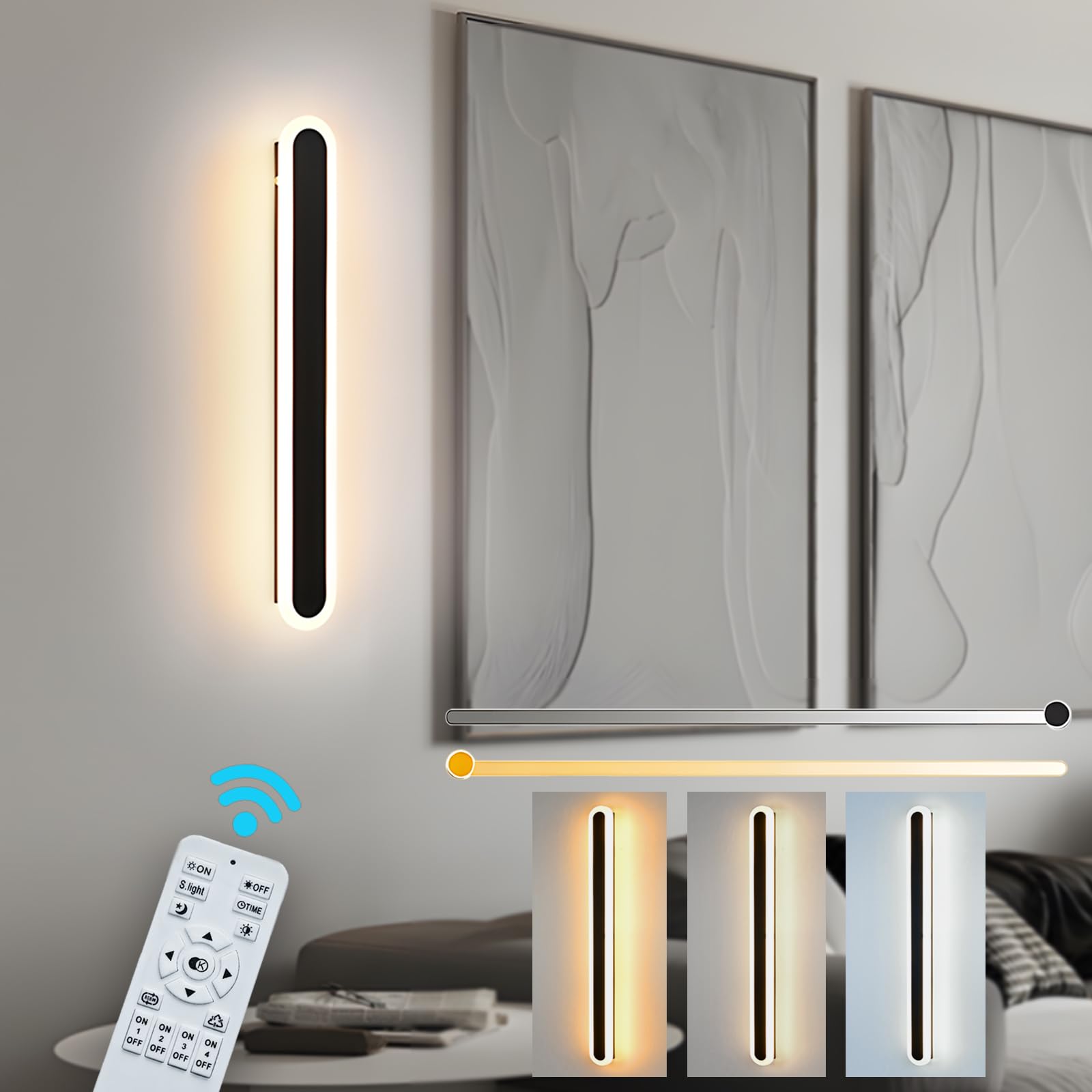 ZTWLEED LED Wall Light Indoor,12W Wall Lamp Modern Dimmable Wall Lamp Strip with Remote Control 2.4GHz,Long Wall Sconce Lights for Bedroom Living Room Corridor Stair 40CM Black
